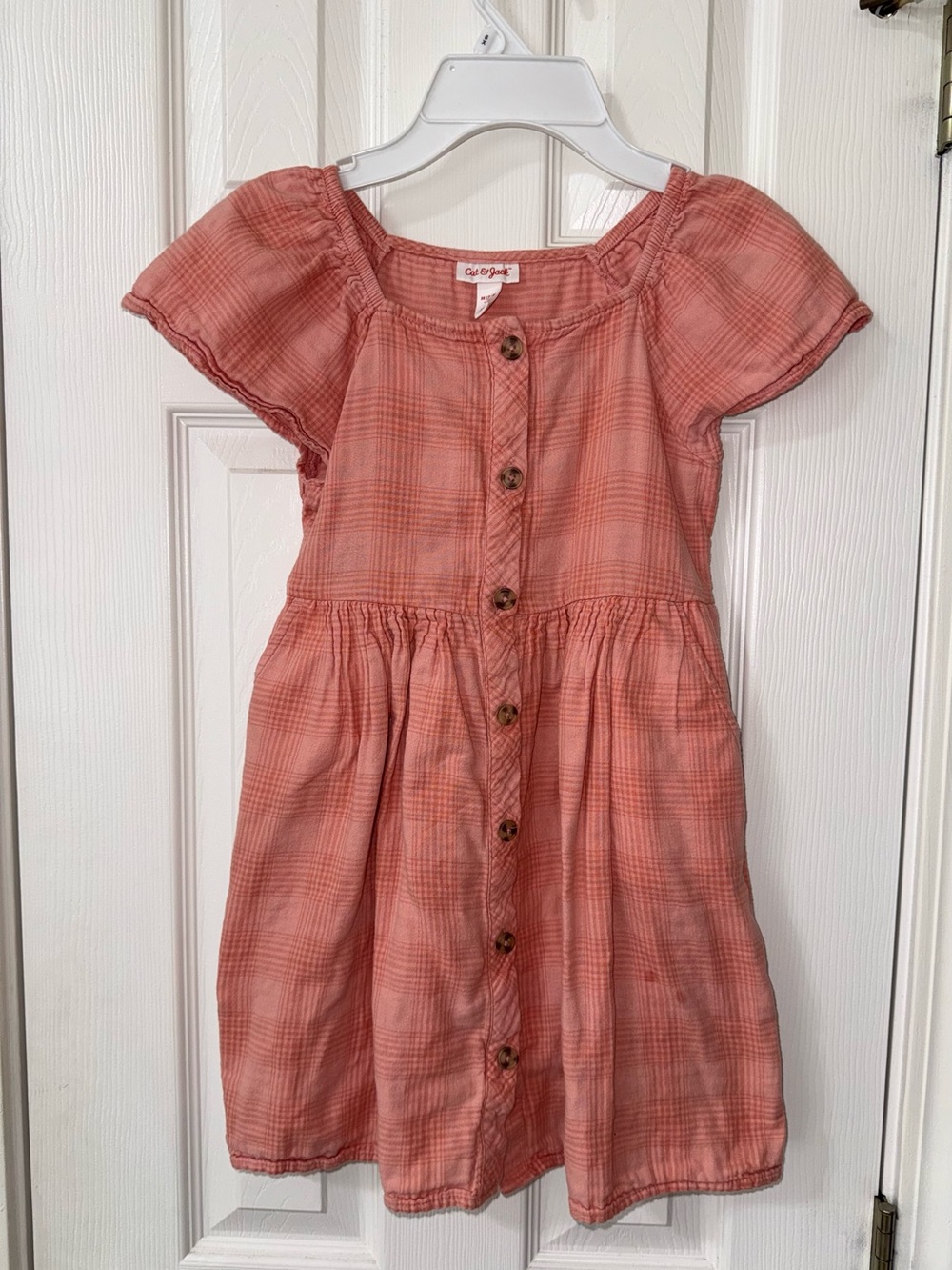 Cat & Jack Girls Coral Plaid Button-Up Dress Size 7/8